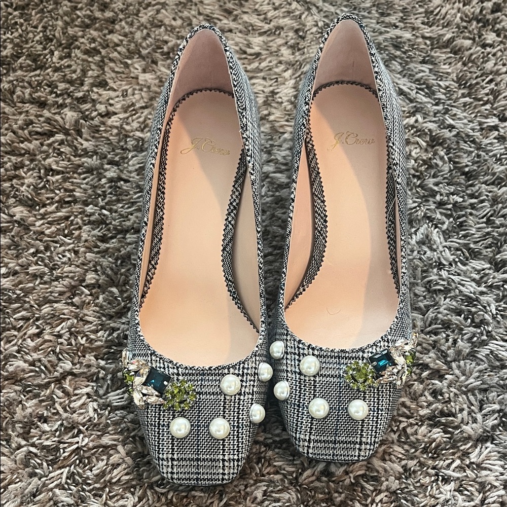 J. Crew Collection Glen-plaid Heels with Pearl and Gem Details